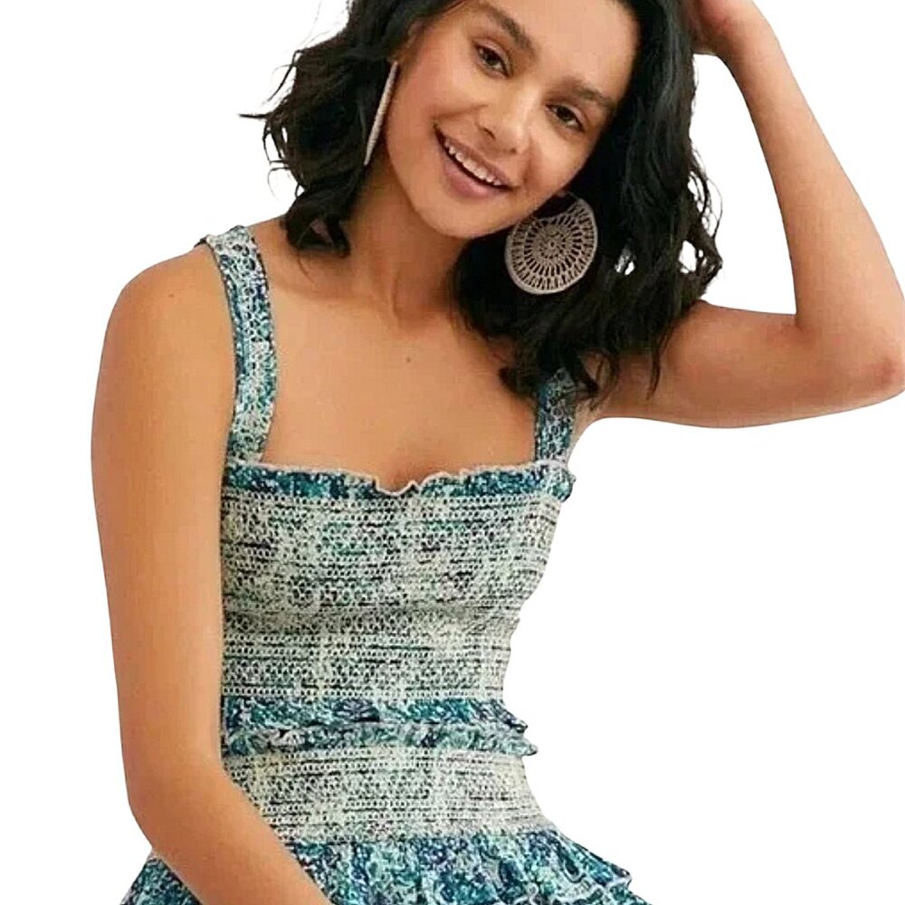 Free People Thalia Ruched Crop Top Sleeveless Square Neck Blue Purple Print - L